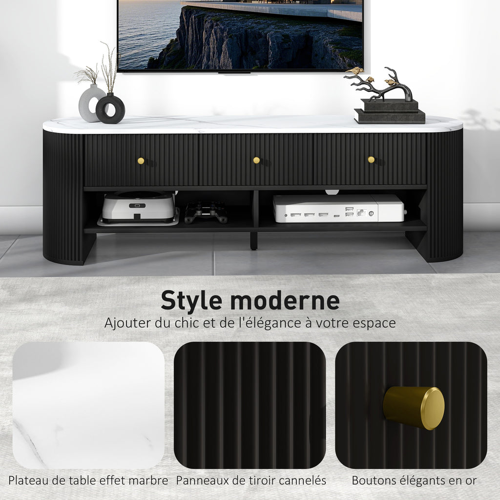 Meuble TV 140 cm, meuble télé pour téléviseur 65 pouces effet marbre avec 3 tiroirs façades à cannelures 2 étagères noir-3