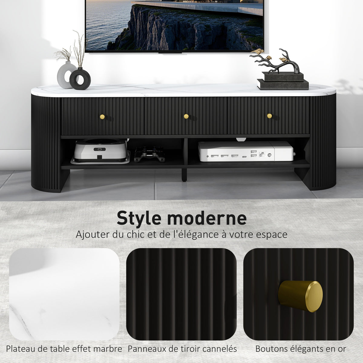 Meuble TV 140 cm, meuble télé pour téléviseur 65 pouces effet marbre avec 3 tiroirs façades à cannelures 2 étagères noir-3