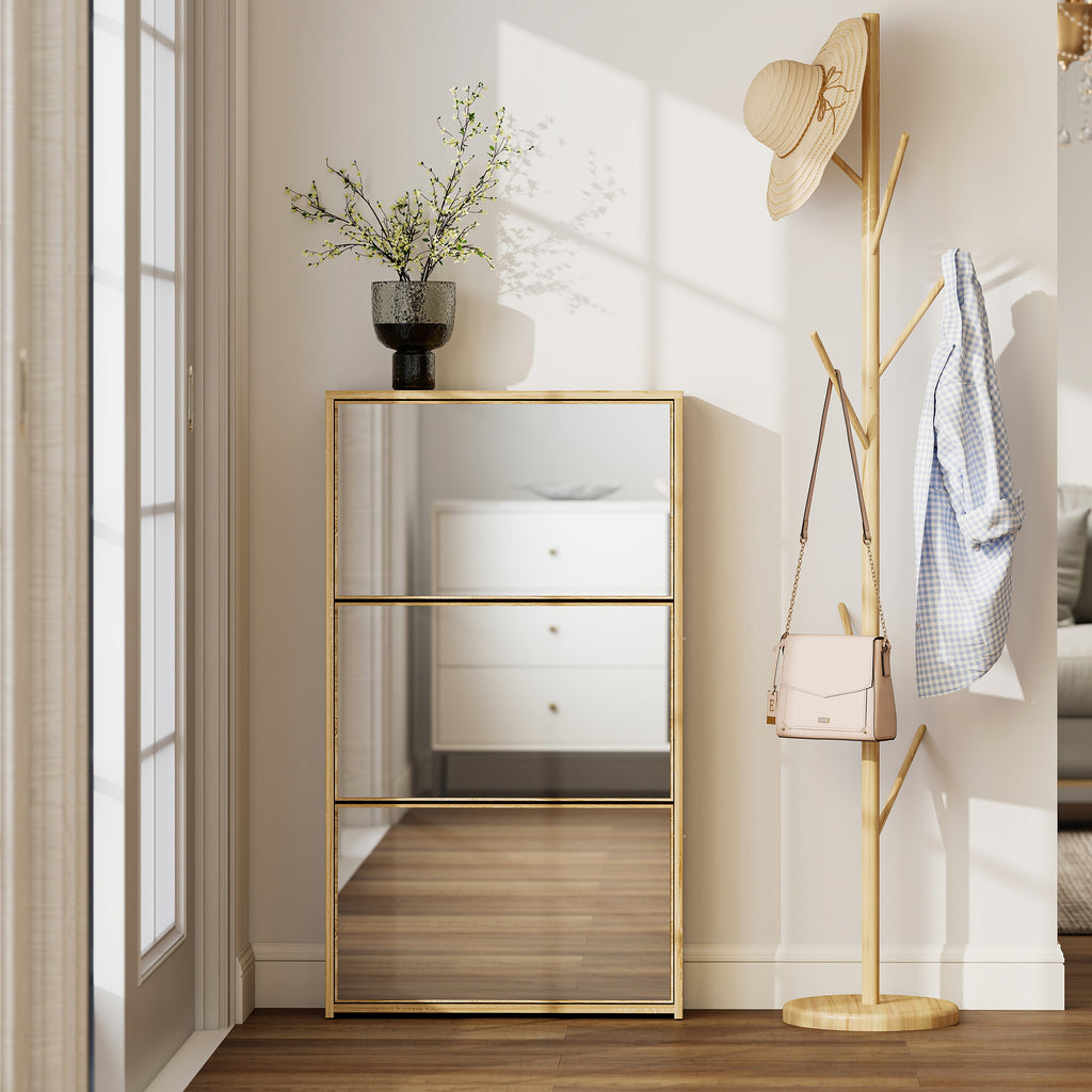 Meuble à chaussures 9 paires, armoire à chaussures étroite, 3 tiroirs rabattables portes miroirs, 65x17x114,5cm naturel-7