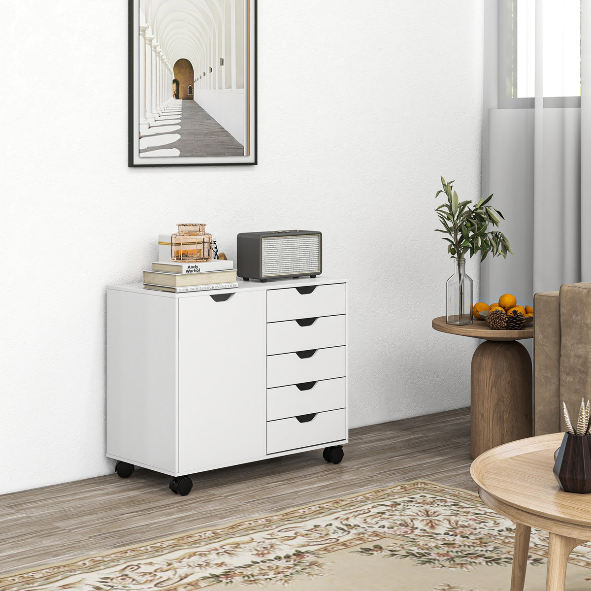 Meuble de rangement pour bureau 5 tiroirs 1 porte étagère réglable, support imprimante roulettes, 78x40x66,5 cm, blanc-1