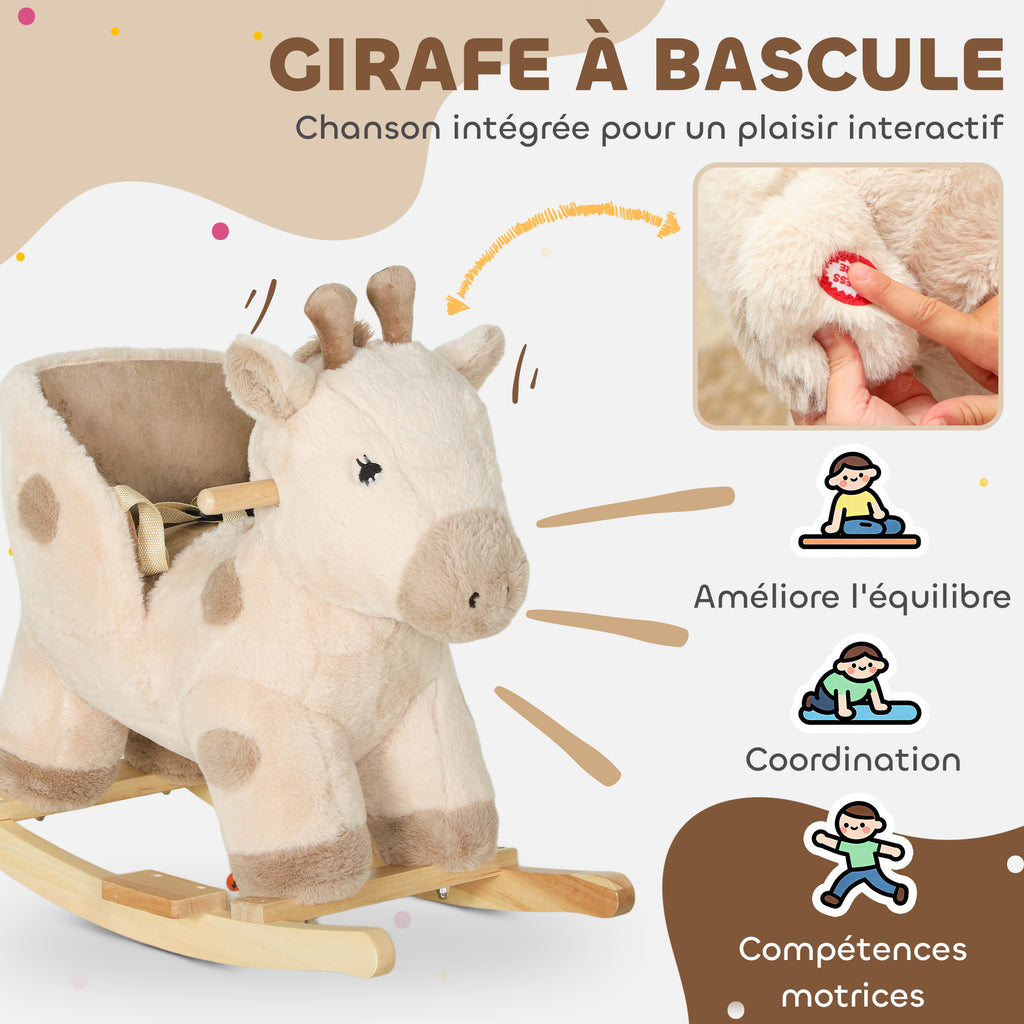 Cheval à bascule pour enfants girafe jouet à bascule bébé avec effet sonore, ceinture de sécurité, 68x35x50cm, beige-3