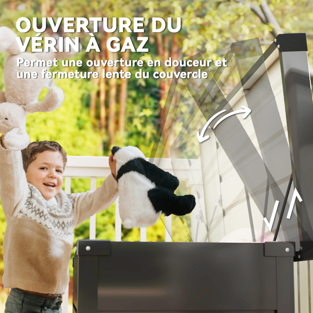 Coffre de rangement métal boîte de jardin 350L double vérins à gaz  verrouillable pour coussins outils gris anthracite-4