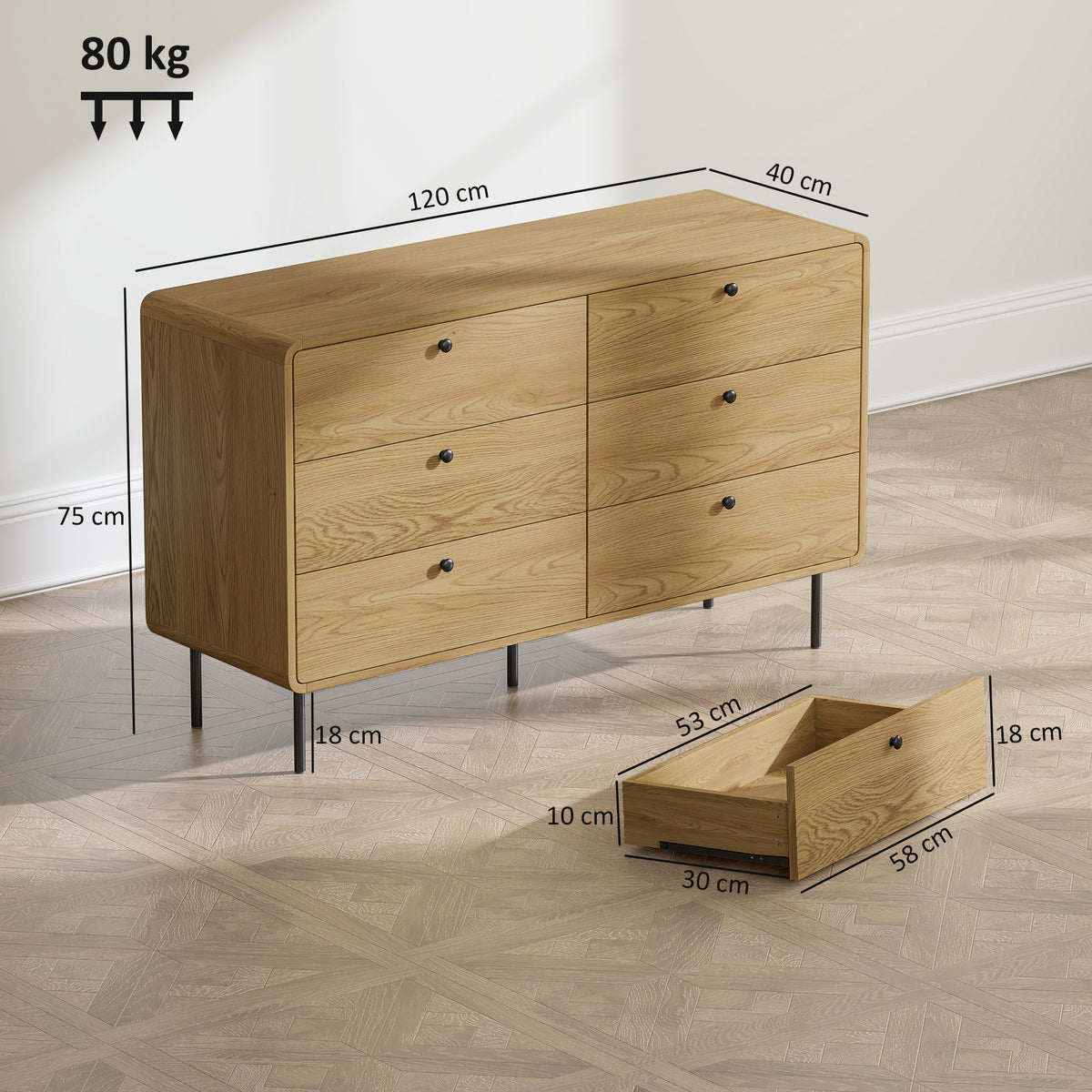 Commode 6 tiroirs meuble de rangement style moderne coins arrondis et pieds en acier 120 x 40 x 75cm effet bois de chêne-2