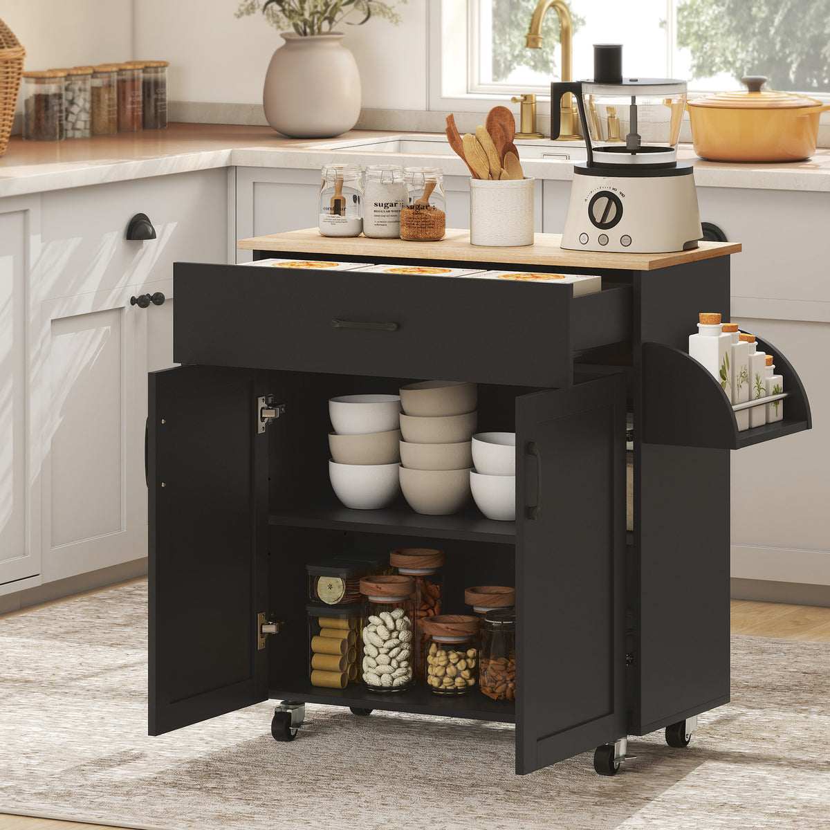 Dessert îlot de cuisine multi-rangements tiroirs placard 2 portes avec étagère réglable 105 x 36 x 85 cm noir-1