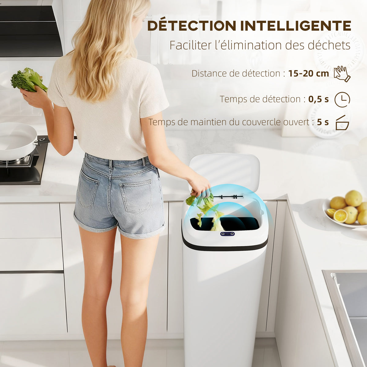 Poubelle cuisine automatique 50L en acier inoxydable, poubelle à capteur de mouvement sans contact, 33x25x84cm, blanc-3