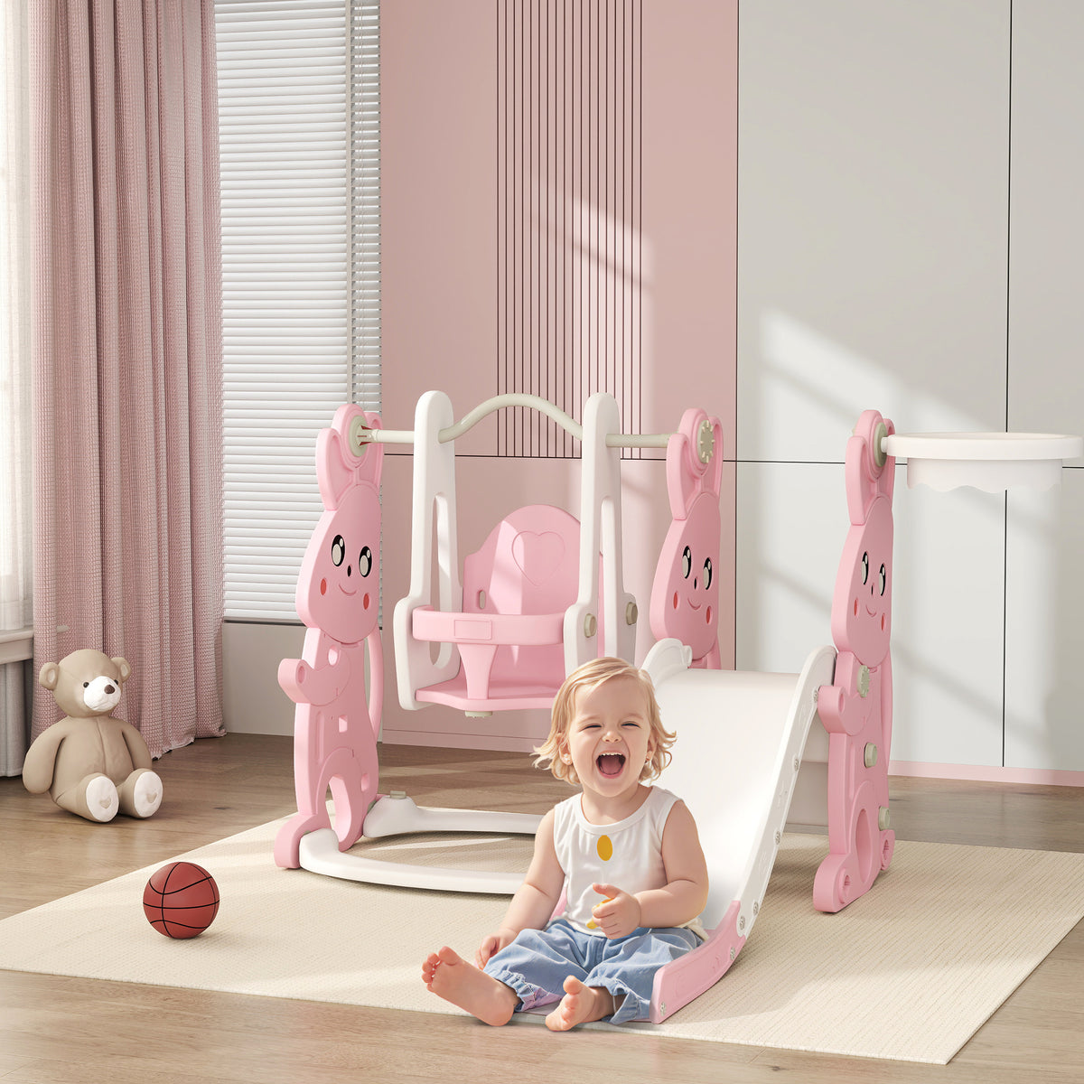 Toboggan et balançoire pour enfants 4 en 1 avec panier de basket, toboggan, balançoire, 147,5x160x107cm, rose-1