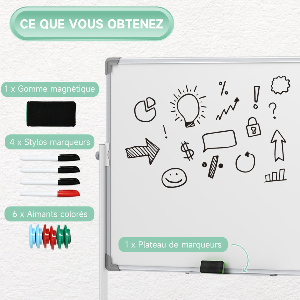 Tableau blanc magnétique double face effacable rotatif mobile avec support, aimants, marqueurs, gomme et roulettes-6