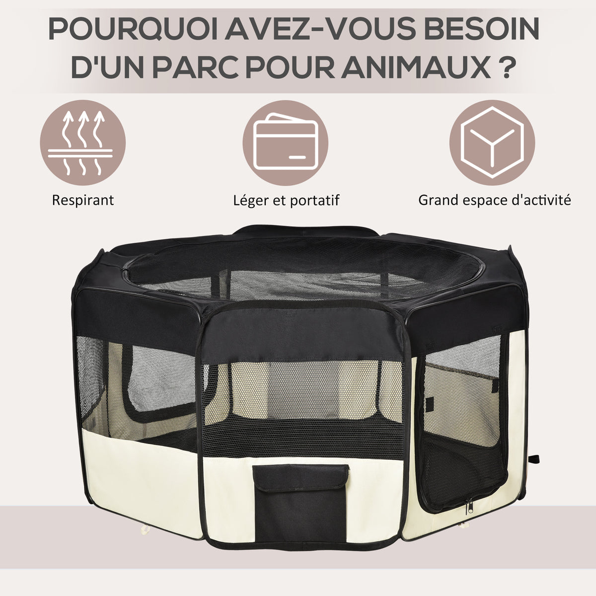Parc enclos pliable pour chien chat petits animaux octogonal en tissu Oxford et acier - Ø 120 x 58H cm - noir et crème-3