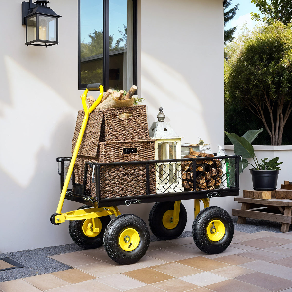 Chariot de jardin chariot de transport 4 roues côtés amovibles transformable en plateau 104 x 54 x 51 cm noir et jaune-1