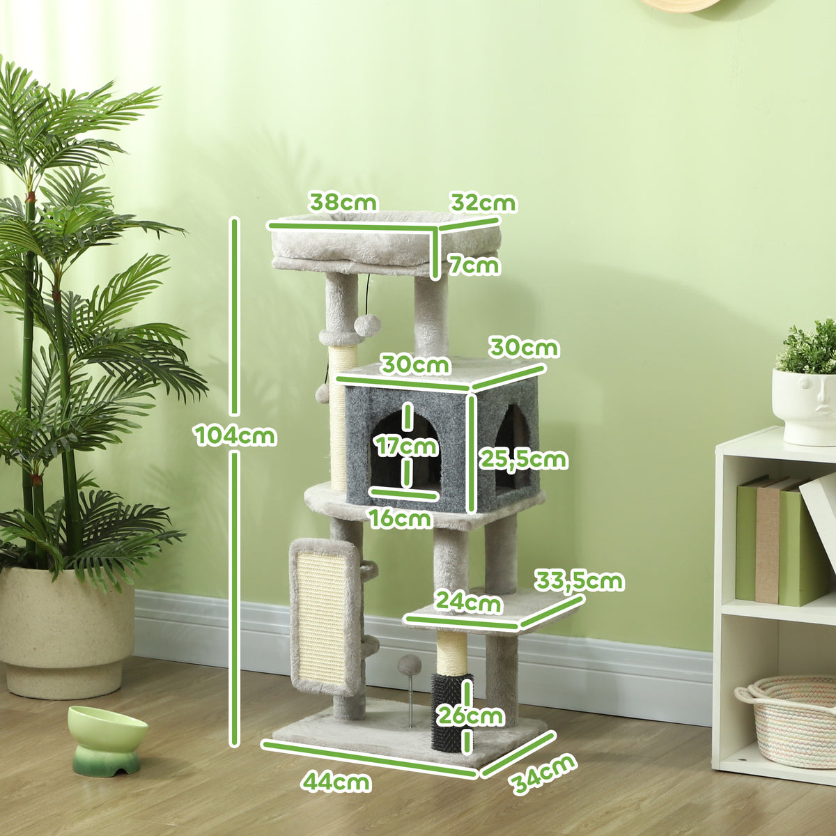 Arbre à chat, tour de jeux, hauteur de 104 cm, avec lit maison, brosse de toilettage,  44l x 34P x 104H cm, gris clair-2