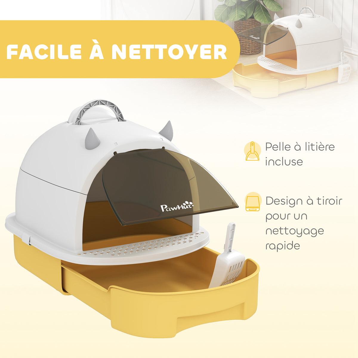 Maison de toilette pour chat bac à litière fermé chat poignée de transport porte translucide 40,5 x 52 x 39 cm jaune-4