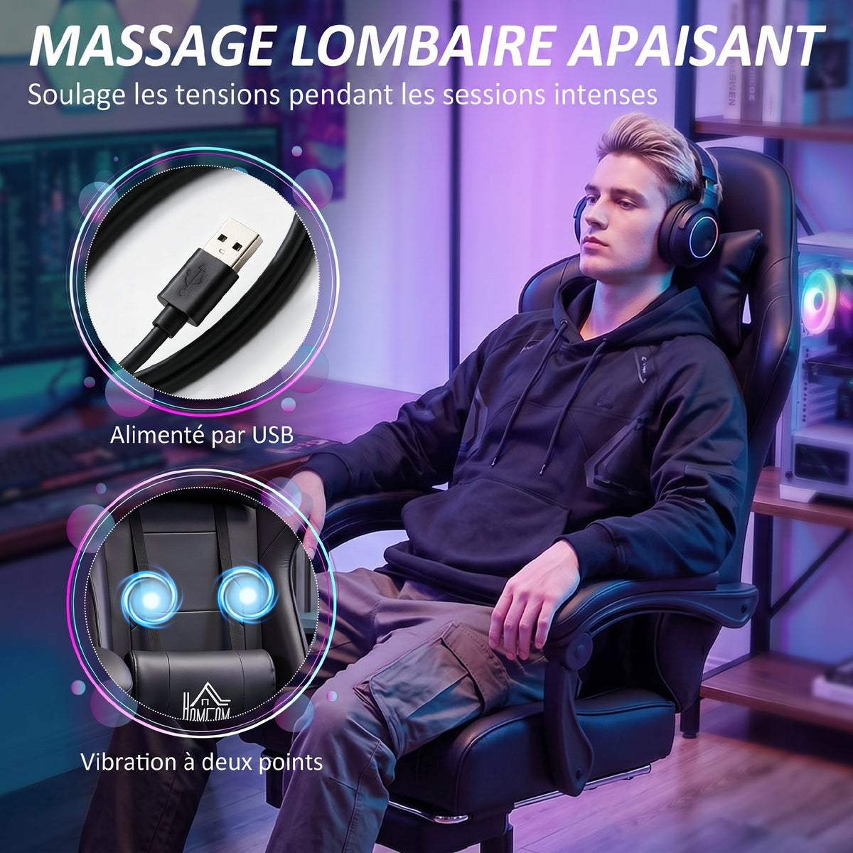 Chaise gaming ergonomique, fauteuil gamer avec support lombaire massant, dossier inclinable, hauteur réglable, noir-3