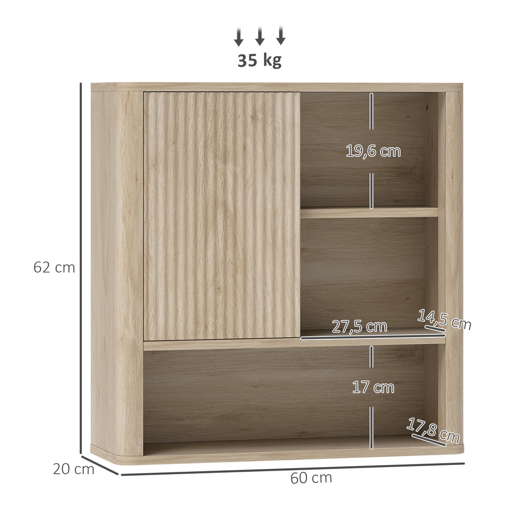 Armoire murale salle de bain avec étagères réglables, porte coulissante et étagères ouvertes, bois naturel-2