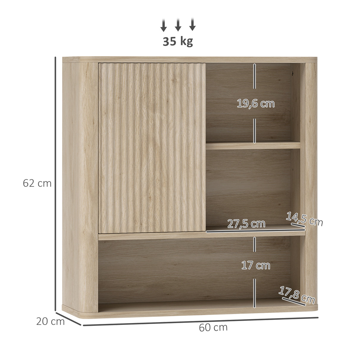Armoire murale salle de bain avec étagères réglables, porte coulissante et étagères ouvertes, bois naturel-2