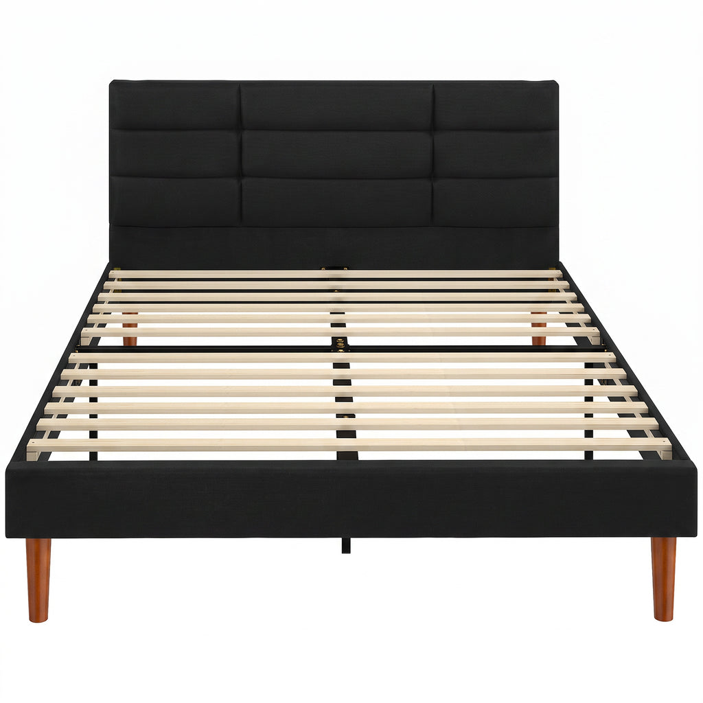 Cadre de Lit 140 x 200 cm avec Sommier Bois, Lit Double Rembourré en Effet Lin, Rangement au-dessous, Sans Bruit, Noir-0