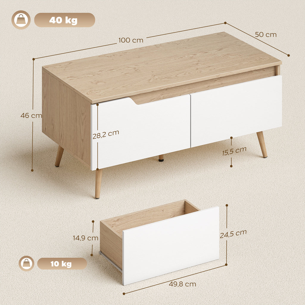 Table basse rectangulaire, table de salon moderne avec 2 tiroirs, 5 pieds en bois de pin, 100x50x46cm, chêne et blanc-2