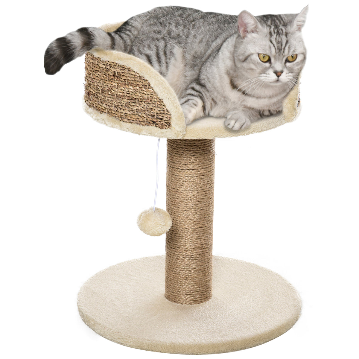 Arbre à chat arbre à grimper grattoir design jeu pompon suspendu + plateforme peluche 40 x 40 x 49 cm sisal beige-0