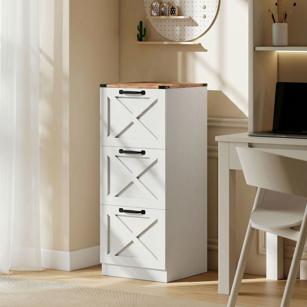 Caisson de Bureau avec 3 Tiroirs, Dossiers Suspendus pour Formats Lettre/A4, Style Rustique, 40x40x101cm, Blanc-1
