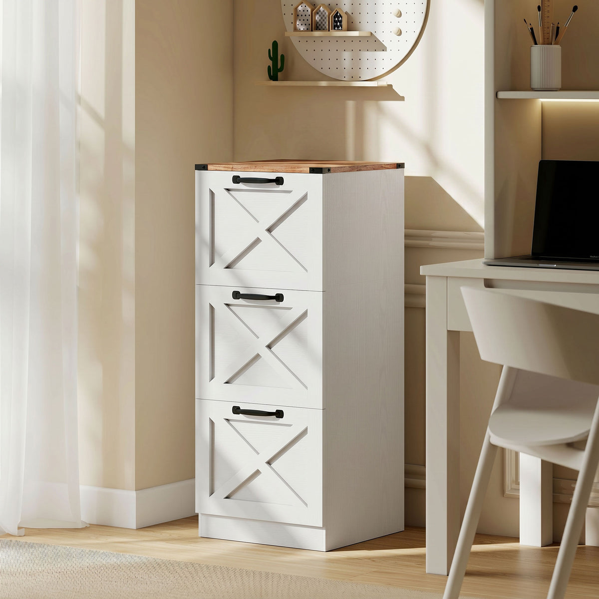 Caisson de Bureau avec 3 Tiroirs, Dossiers Suspendus pour Formats Lettre/A4, Style Rustique, 40x40x101cm, Blanc-1