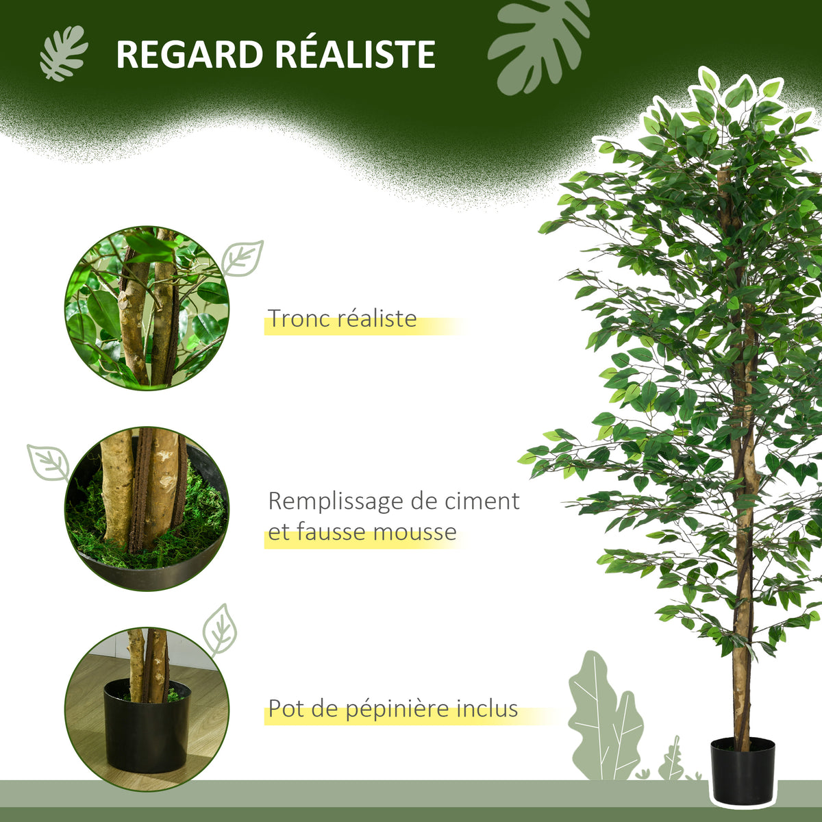 Plante artificielle ficus hauteur 1,80 m tronc branches liane lichen feuilles grand réalisme pot inclus vert-3