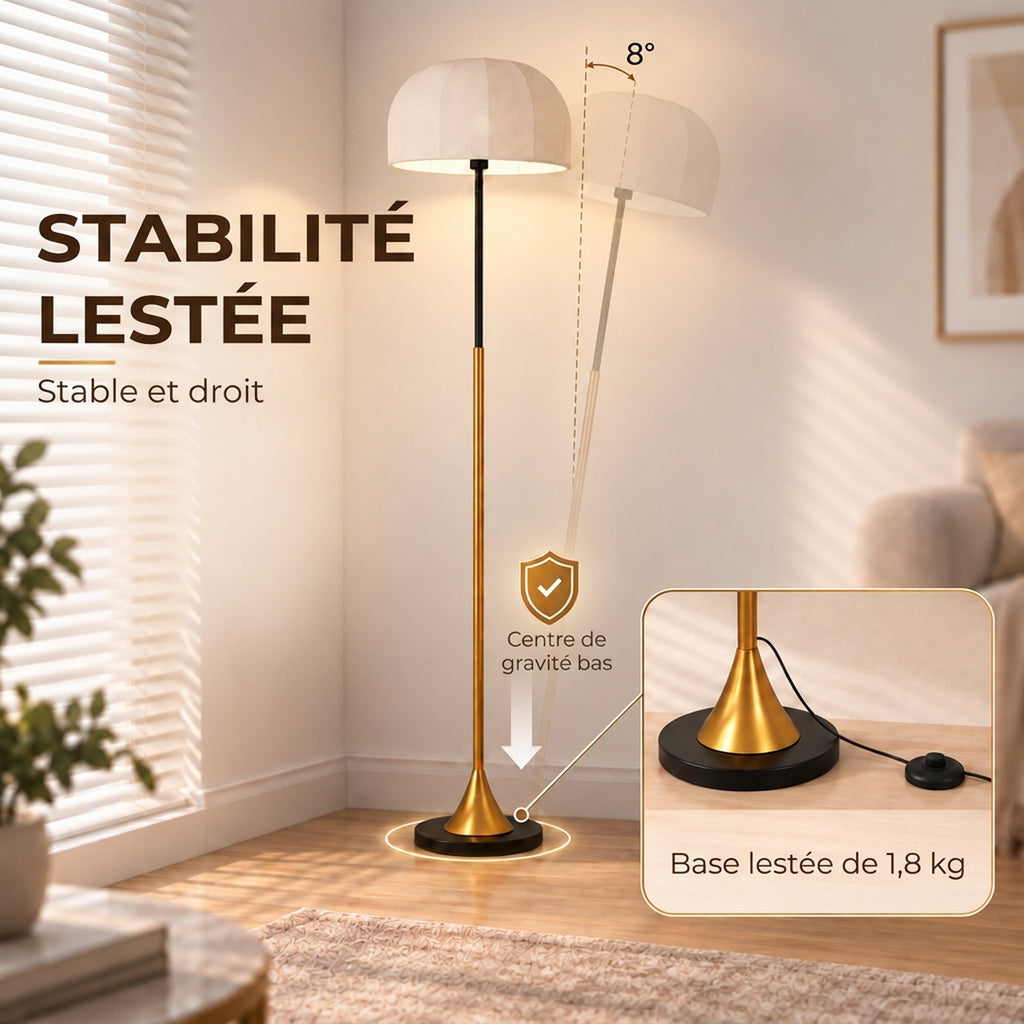 Lampadaire sur Pied Salon 40W avec Abat-Jour en Forme de Dôme, Interrupteur à Pédale, 158 cm, Doré et Blanc-4
