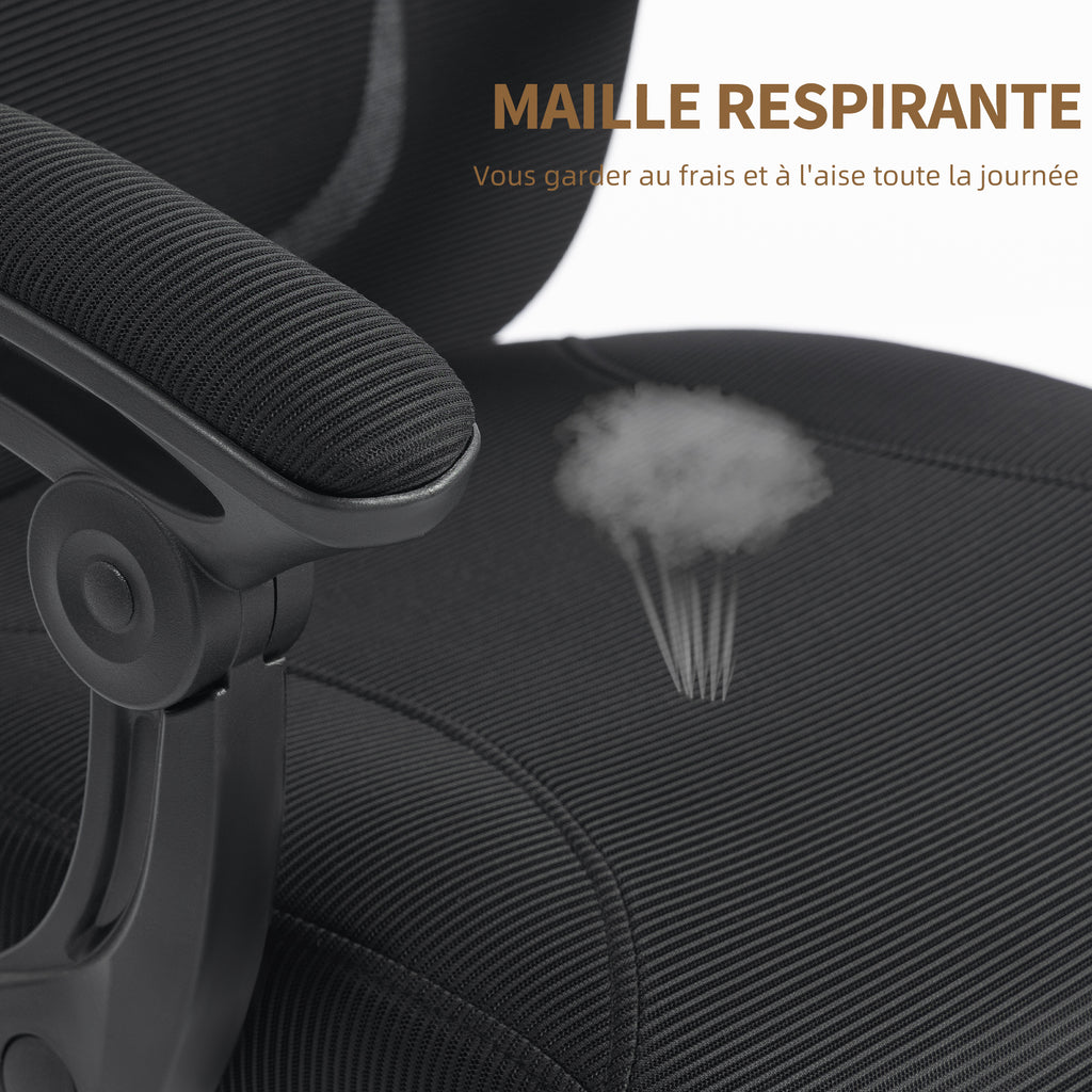 Chaise bureau ergonomique, fauteuil de bureau en maille avec appuie-tête réglable, support lombaire, 64x64x124cm, noir-8
