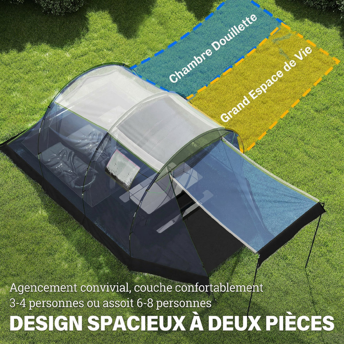 Tente de Camping Tunnel pour 4 Personnes Imperméable 3000mm Double Couche Hauteur 190cm Bleu Foncé-3