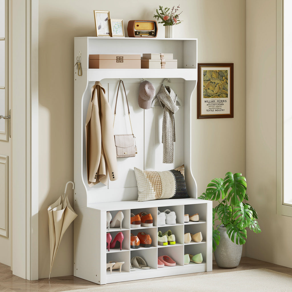 Porte-Manteau 4-en-1 avec Banc, Banc d'Entrée avec 12 Compartiments à Chaussures, 6 Crochets et Étagère Ouverte, Blanc-1