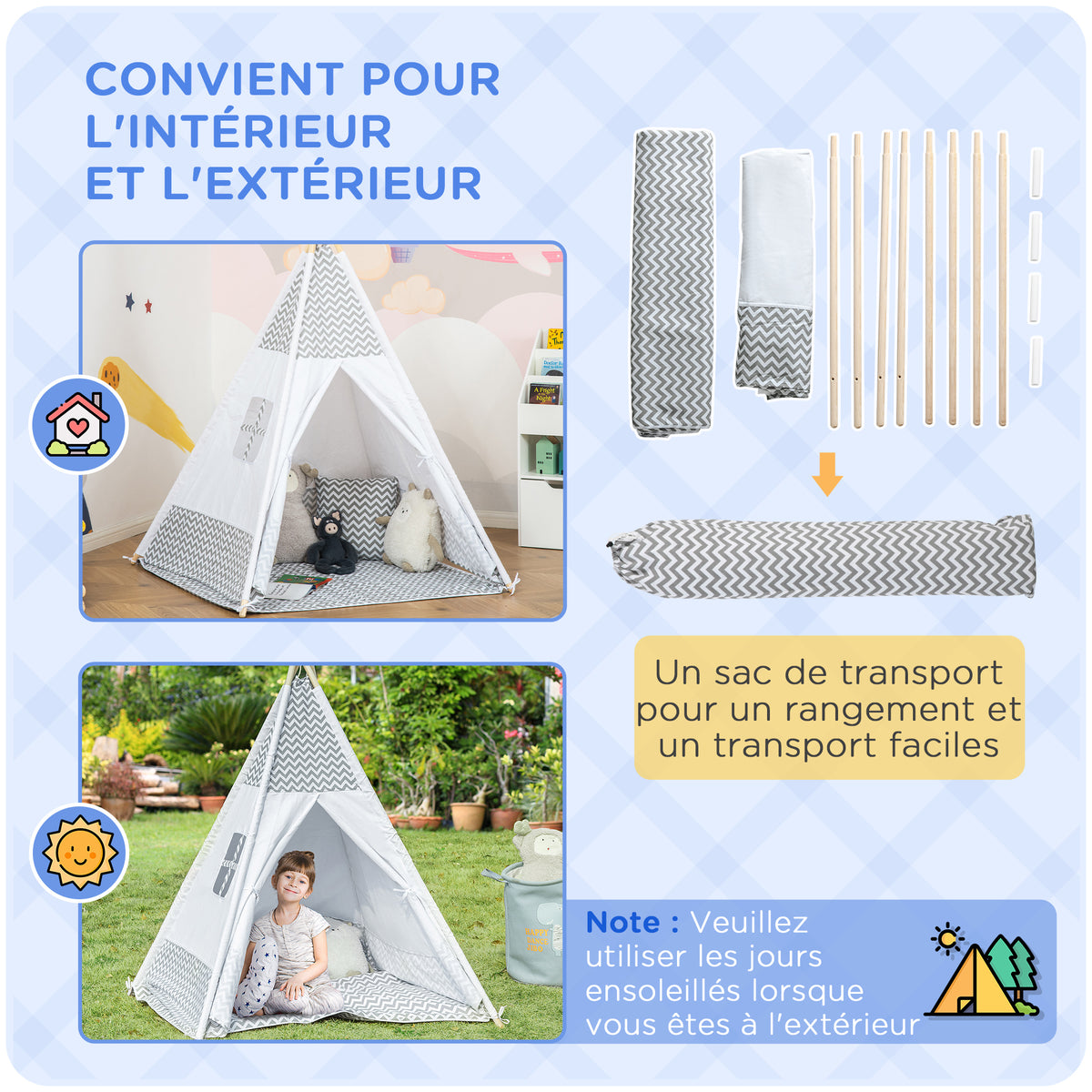 Tente Teepee Indien Tente de jeu pour Enfant Style Graphique - dim. 1,2L x 1,2I x 1,55H m - Porte refermable Fenêtre Tapis Coussin Sac Transport Inclus - à l'Intérieur à l'Extérieur Gris Blanc-3