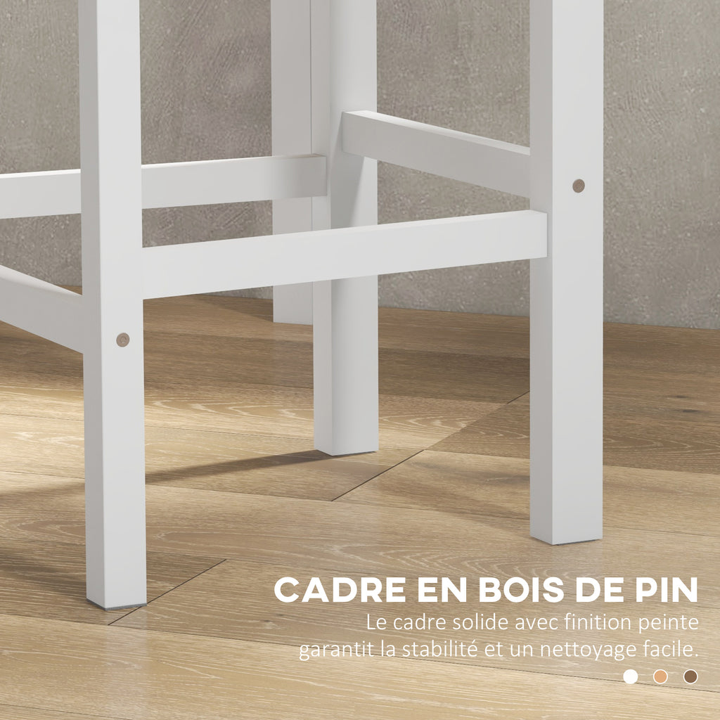 Lot de 2 tabourets de bar, chaises hautes campagne, dossier haut et repose-pieds, 41x46x97,5cm, blanc et bois naturel-5