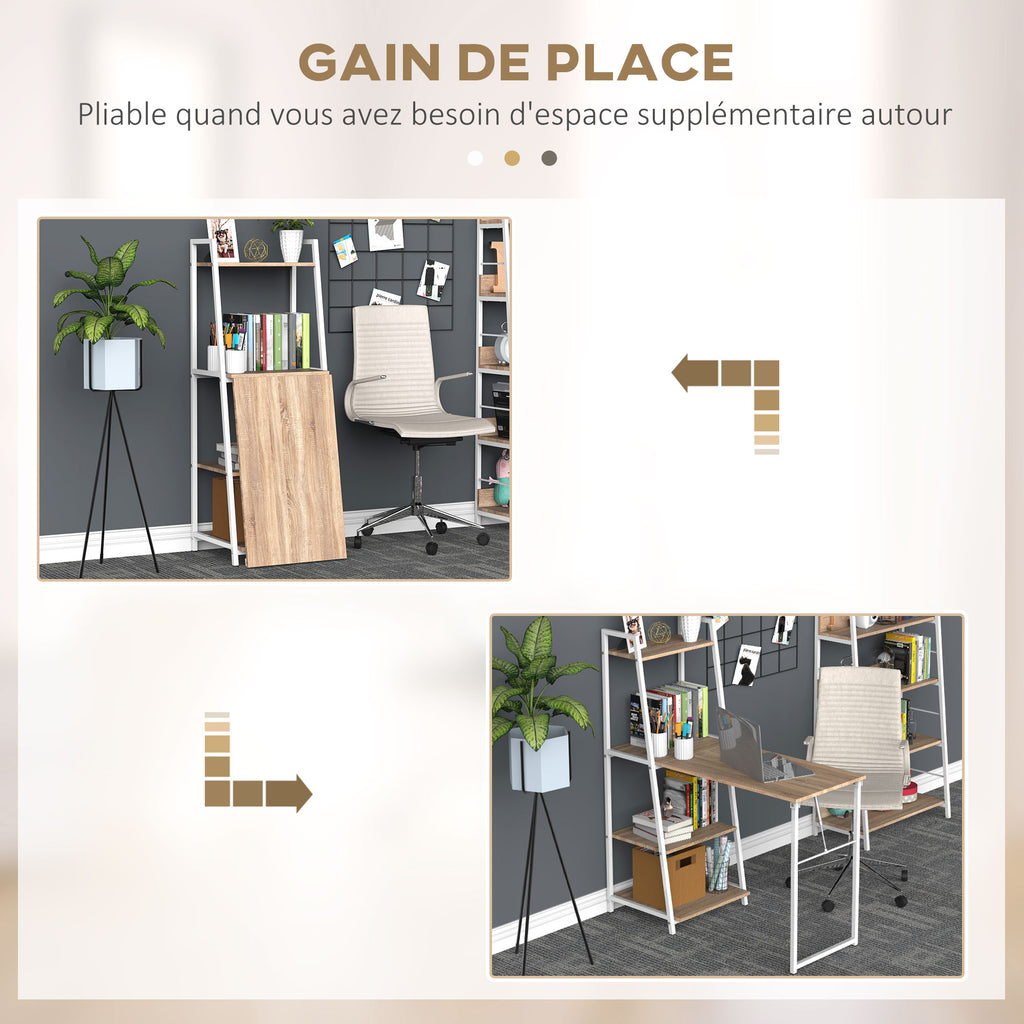 Bureau Pliable Rabattable - Bureau bibliothèque 2 en 1-4 étagères - Imitation Bois chêne Clair métal Blanc-3