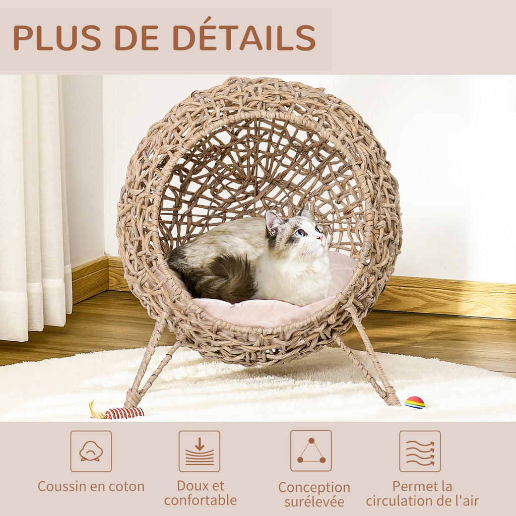 Panier chat lit surélevé chat cosy niche grotte grand confort dim. Ø 52 x 58H cm coussin moelleux inclus résine tressée imitation rotin beige-5