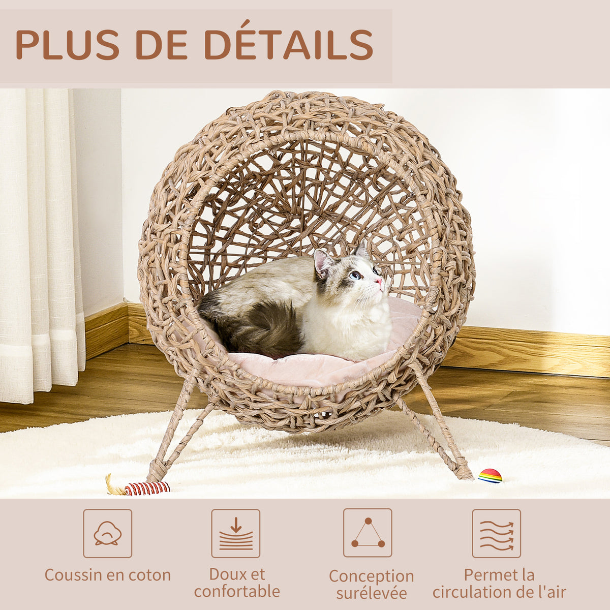 Panier chat lit surélevé chat cosy niche grotte grand confort dim. Ø 52 x 58H cm coussin moelleux inclus résine tressée imitation rotin beige-5