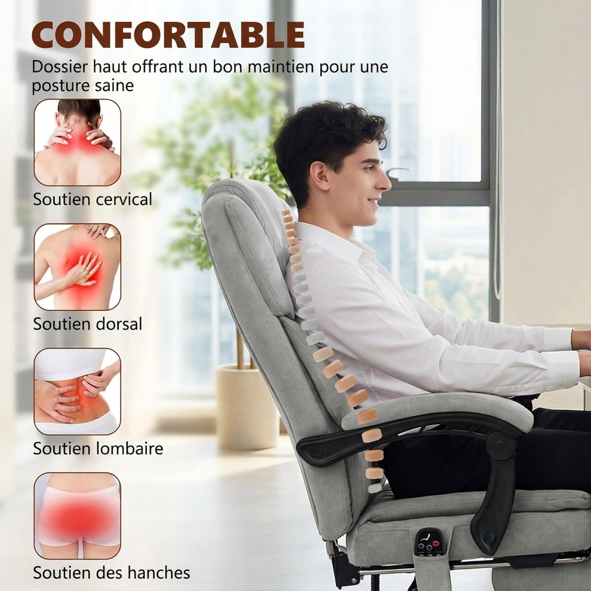Fauteuil Bureau Massant Vibrant et Chauffant, Chaise Bureau Ergonomique en Velours Imprimé, Dossier Inclinable, Gris-4
