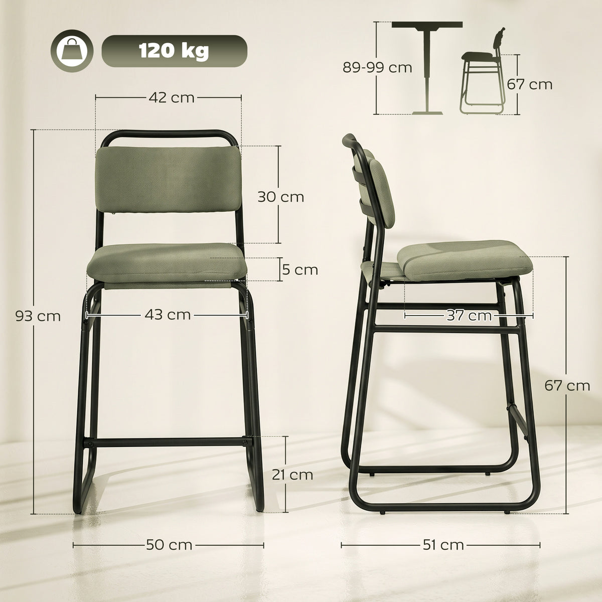 Lot de 2 Tabourets de Bar, Chaises de Bar en Velours, Assise Rembourrée 67H cm, Dossier et Repose-Pieds, Vert-2