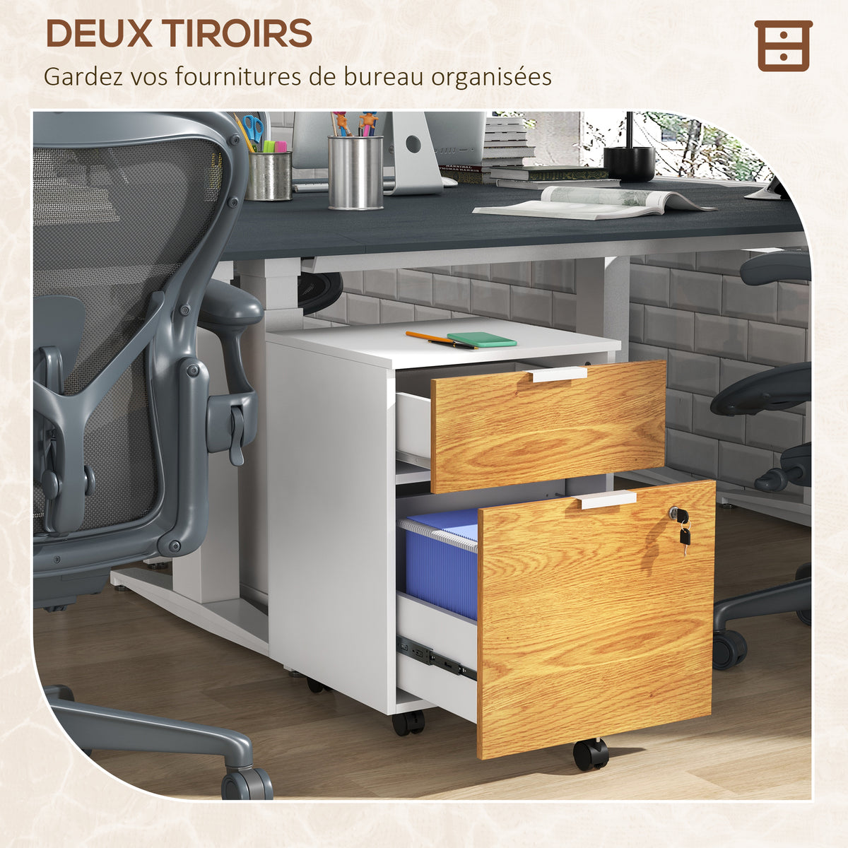 Caisson de bureau, meuble de rangement 2 tiroirs 2 barres pour dossier suspendu, verrouillable avec 2 clés 42x40x60 cm-3