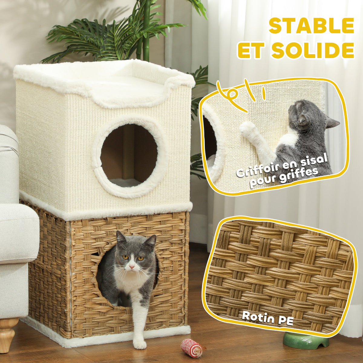 Niche pour chat d'intérieur à 3 niveaux, tour pour chat avec griffoir en sisal à griffer 41 x 41 x 75,5 cm, crème-4