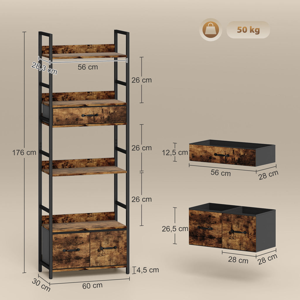 Bibliothèque étagère de rangement à 6 niveaux avec 4 étagères, 3 tiroirs en tissu, 60x30x176cm, brun rustique-2