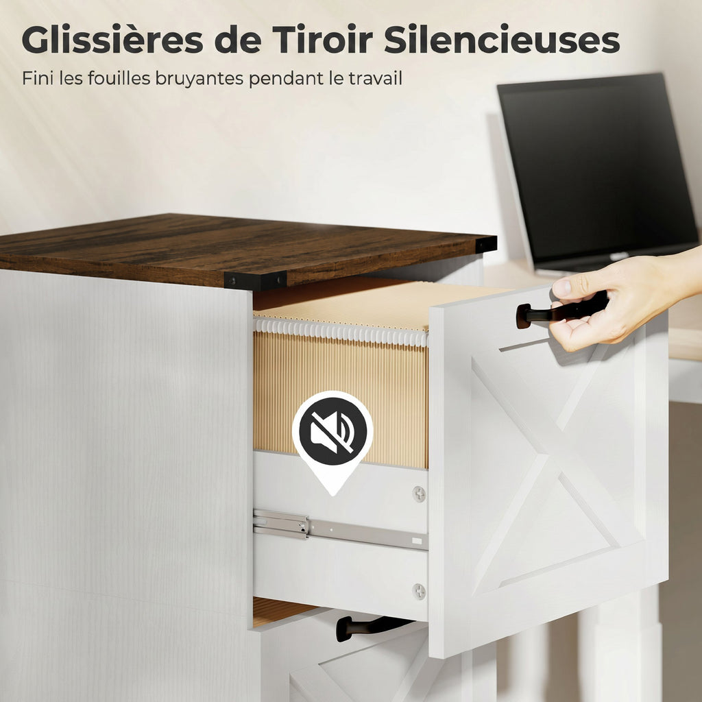 Caisson de Bureau avec 3 Tiroirs, Dossiers Suspendus pour Formats Lettre/A4, Style Rustique, 40x40x101cm, Blanc-6