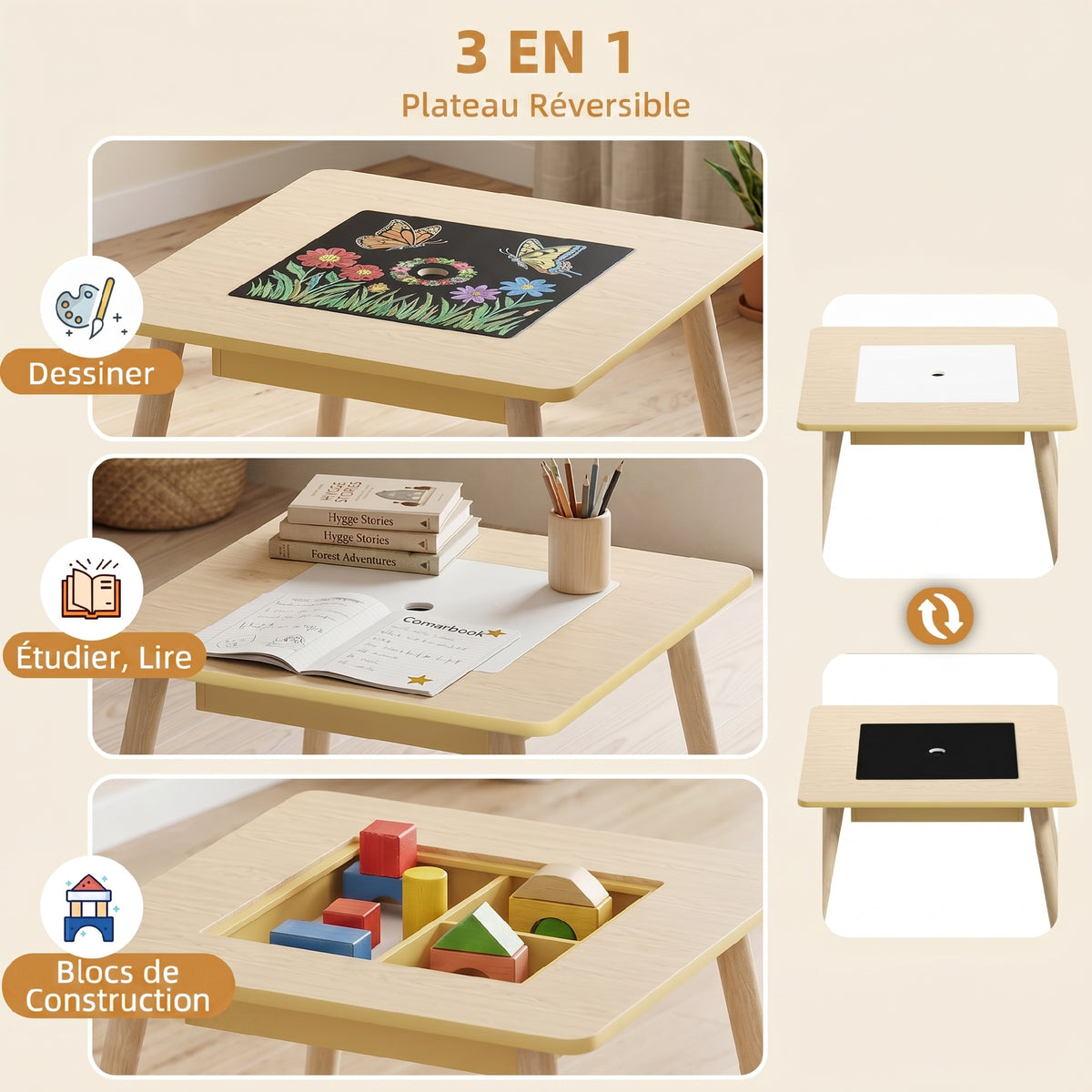Ensemble 1 table et 2 chaise 3 pièces pour enfants avec plateau réversible espace de rangement bois naturel-3