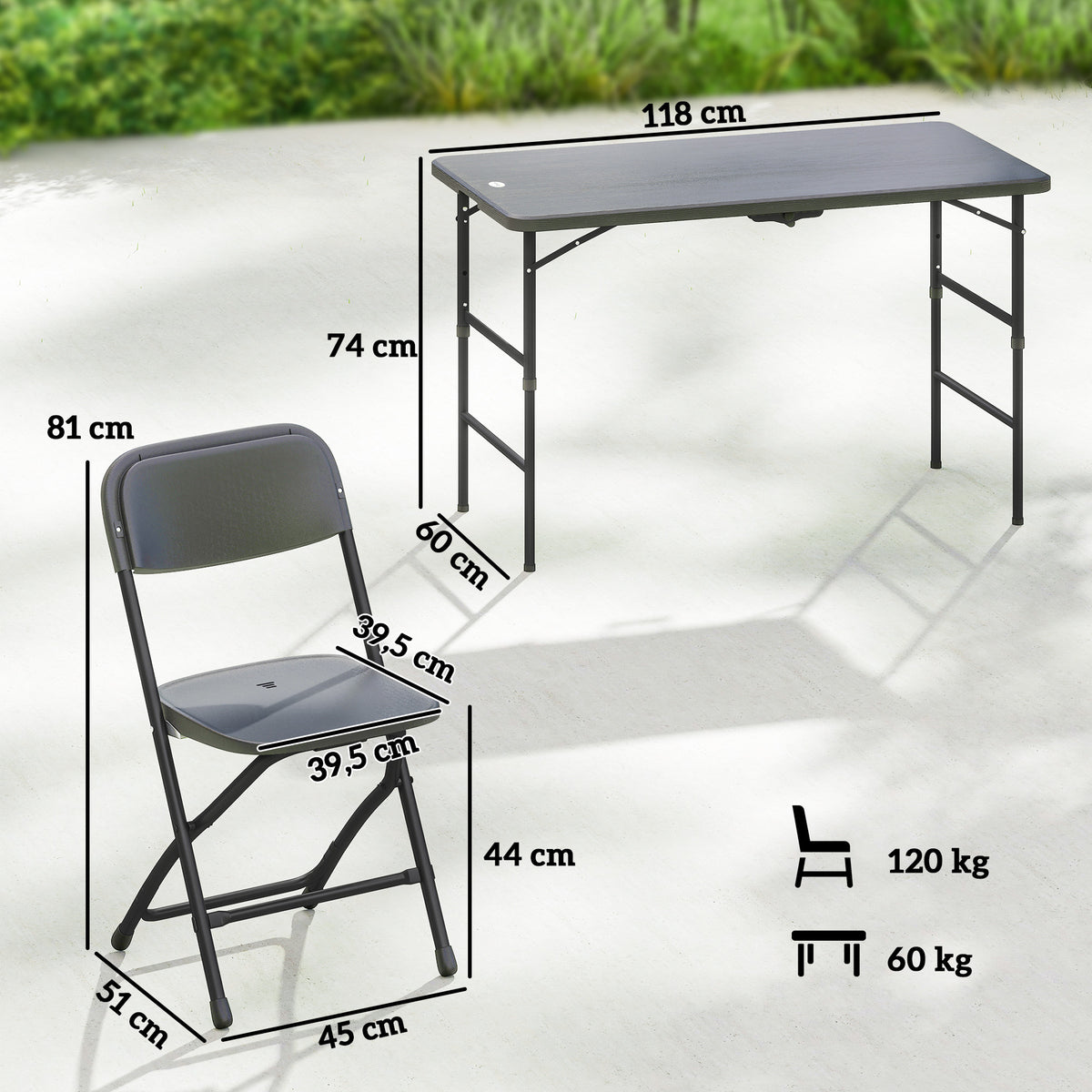 Salon de jardin extérieur table de jardin extérieure avec 4 chaises pliables table réglable en hauteur 118 cm gris foncé-2