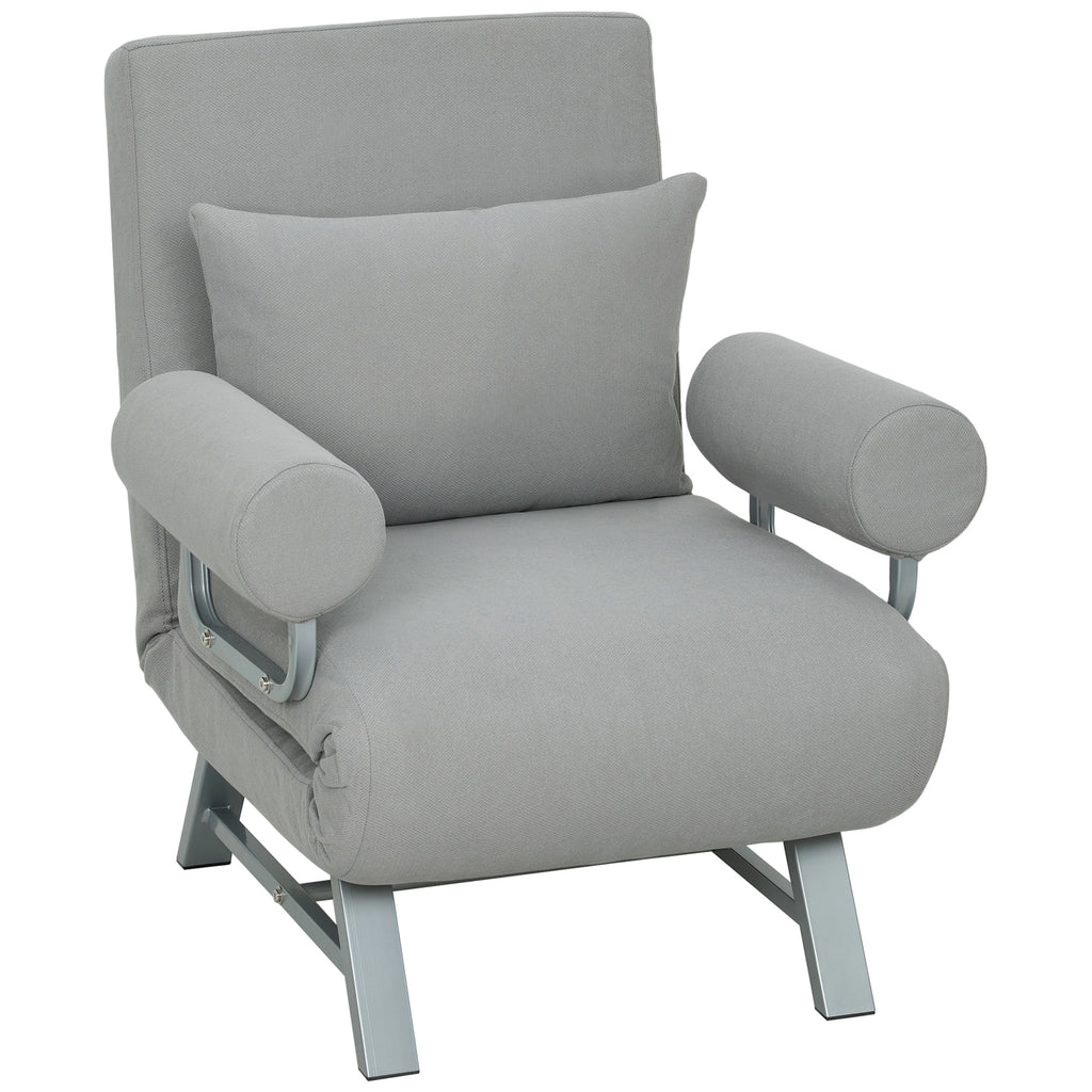Fauteuil Convertible 1 Place, Fauteuil-Lit Pliable Rembourré en Lin avec Dossier Réglable, Oreiller, Gris Clair-0