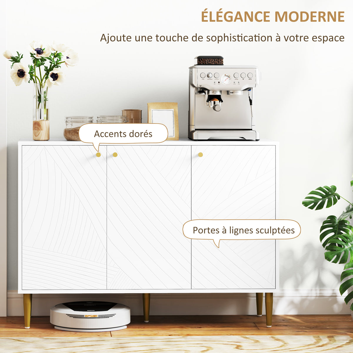 Buffet meuble de rangement avec 2 placard 3 portes étagères ajustables pieds dorés en acier 107 x 35 x 77 cm blanc-4