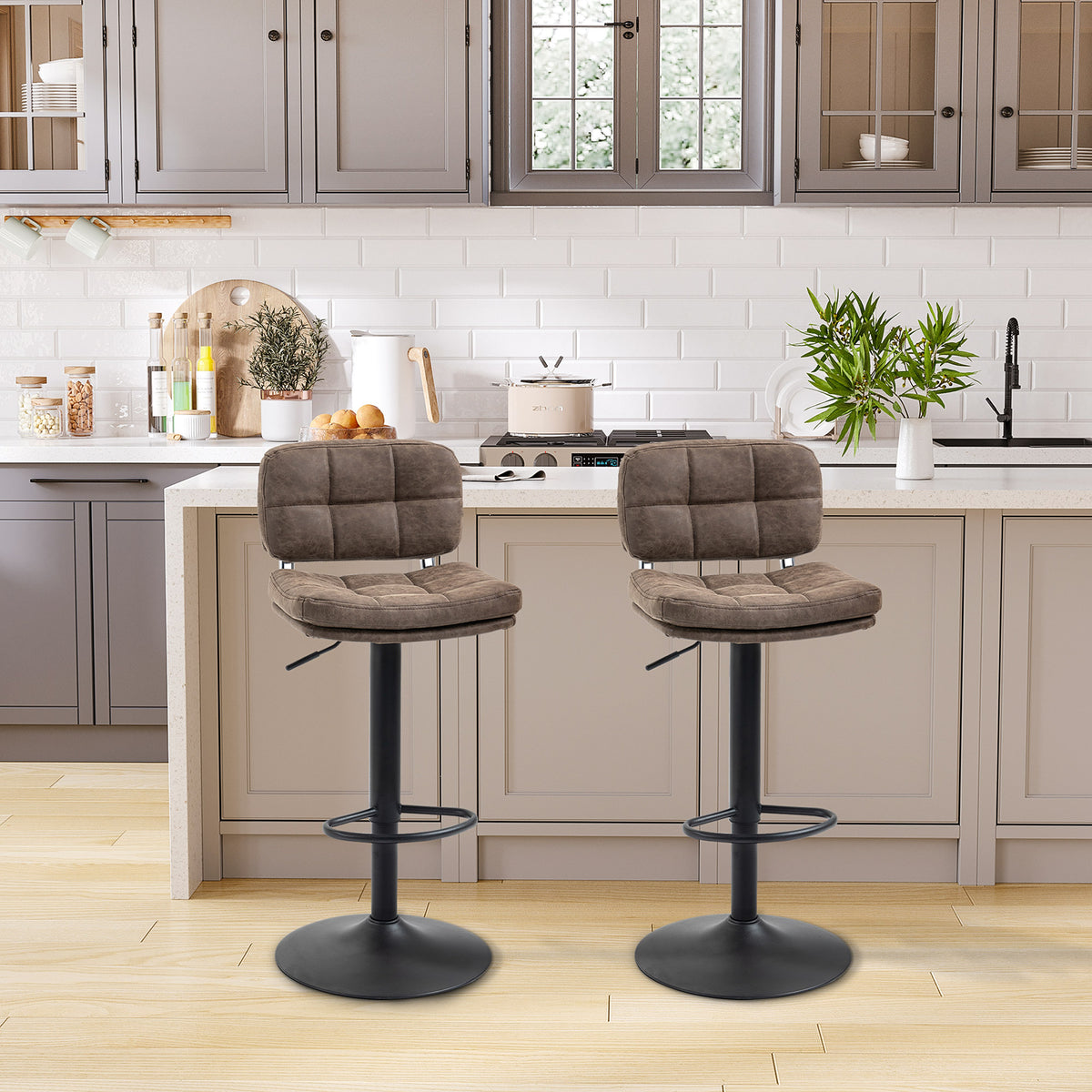 Lot de 2 tabourets de bar Vintage capitonné - pivotant, réglable - repose-pied - revêtement synthétique marron-1
