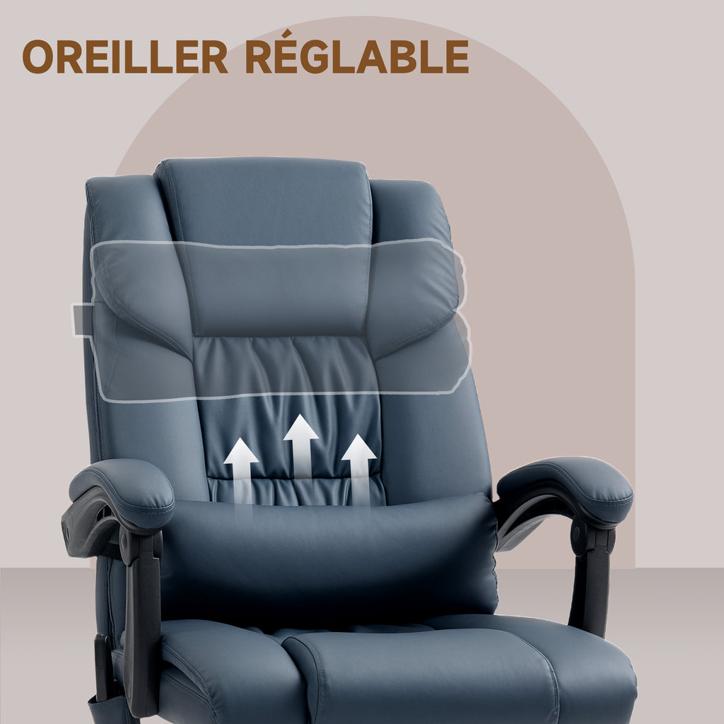 Fauteuil de bureau massant, repose-pied, hauteur réglable, dossier inclinable, télécommande filaire, 66x75x122cm, bleu-6