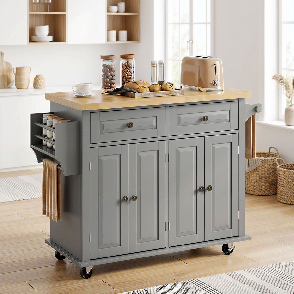 Desserte ilôt de cuisine multi rangements 2 tiroirs 2 placard 2 portes avec étagère range-bouteille-9