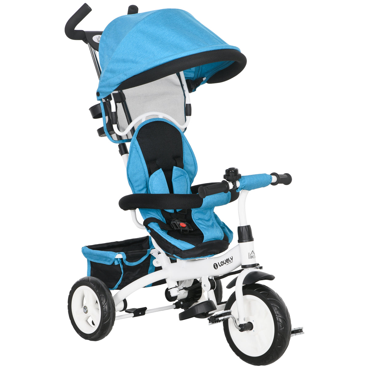 Tricycle 6 en 1 pour enfants, auvent, ceinture de sécurité 5 points, rangement, repose-pieds, frein, 1-5 ans, bleu-0