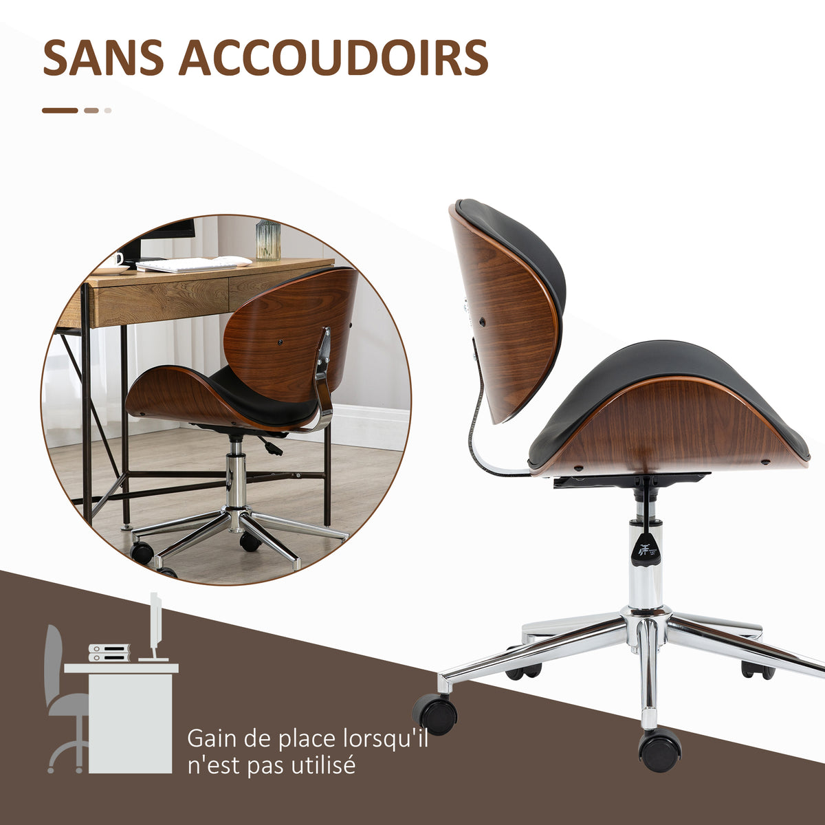 Chaise de bureau design vintage hauteur réglable pivotant 360° bois peuplier revêtement synthétique 53 x 53 x 77-87 cm-4