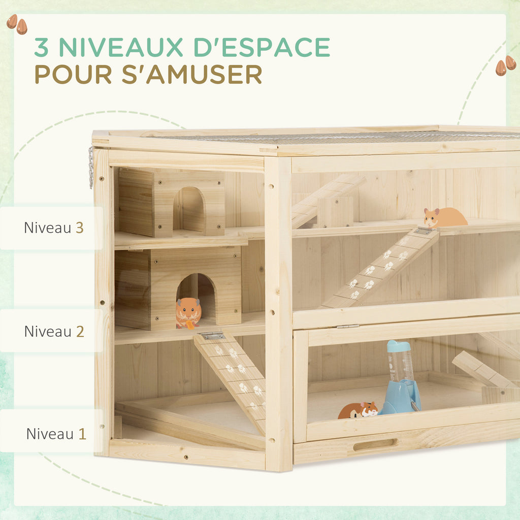 Cage à hamster à 3 niveaux bascules, fenêtres, cabanes, plateau coulissant, 115 x 60 x 55 cm, effet bois naturel-4