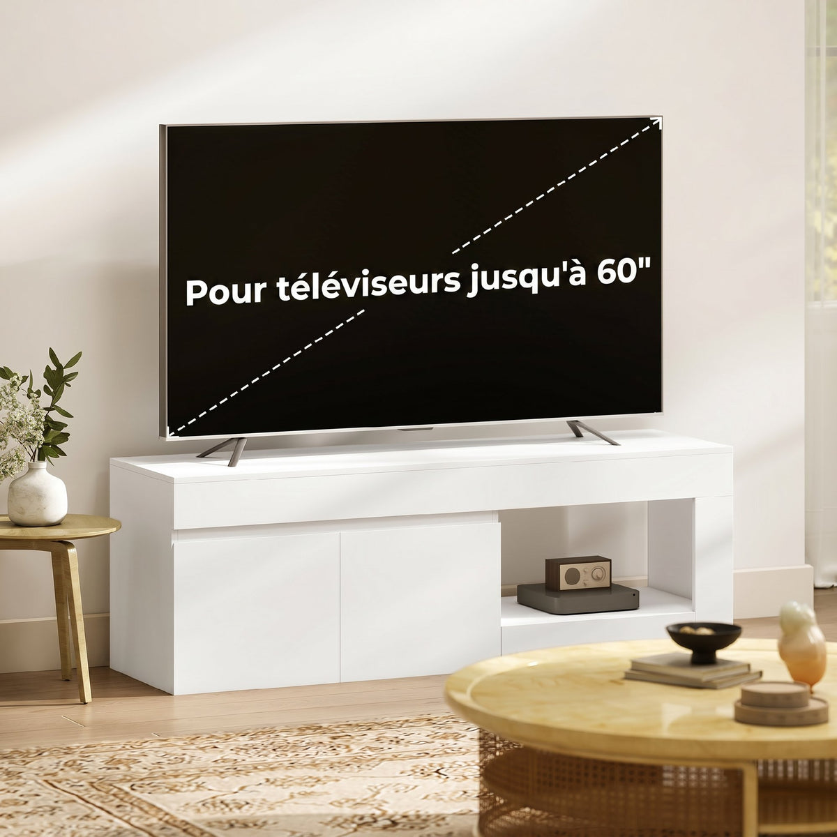 Meuble TV 2 portes pour téléviseurs jusqu'à 60 pouces, meuble télé avec placard et étagère ouverte, blanc-6